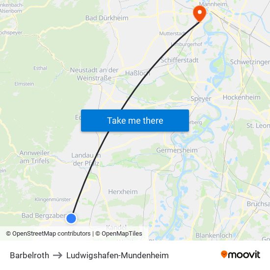 Barbelroth to Ludwigshafen-Mundenheim map