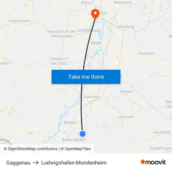 Gaggenau to Ludwigshafen-Mundenheim map