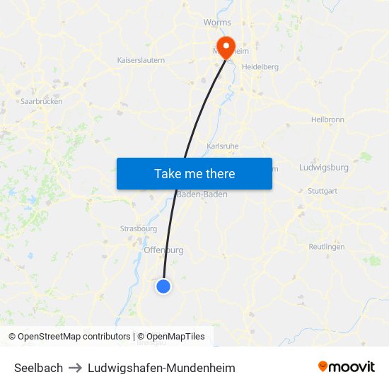 Seelbach to Ludwigshafen-Mundenheim map