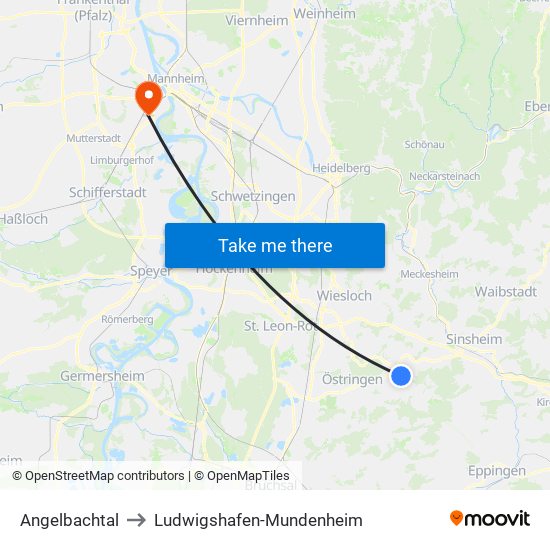 Angelbachtal to Ludwigshafen-Mundenheim map