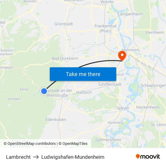 Lambrecht to Ludwigshafen-Mundenheim map