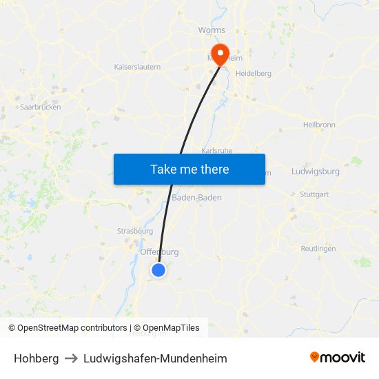 Hohberg to Ludwigshafen-Mundenheim map