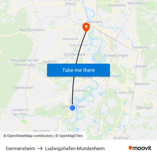 Germersheim to Ludwigshafen-Mundenheim map