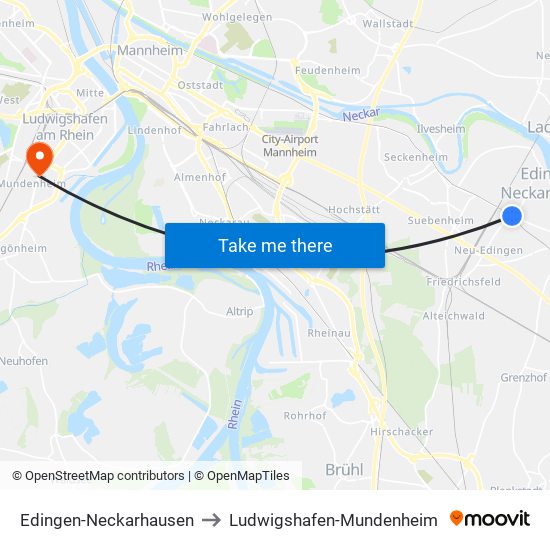 Edingen-Neckarhausen to Ludwigshafen-Mundenheim map