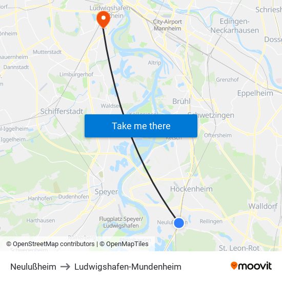 Neulußheim to Ludwigshafen-Mundenheim map