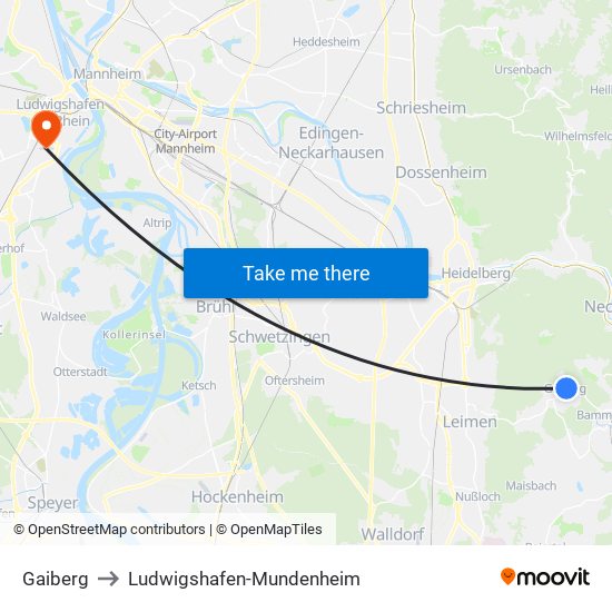 Gaiberg to Ludwigshafen-Mundenheim map