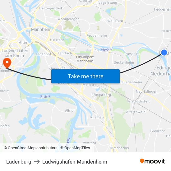 Ladenburg to Ludwigshafen-Mundenheim map