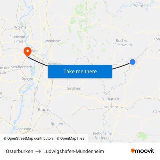 Osterburken to Ludwigshafen-Mundenheim map