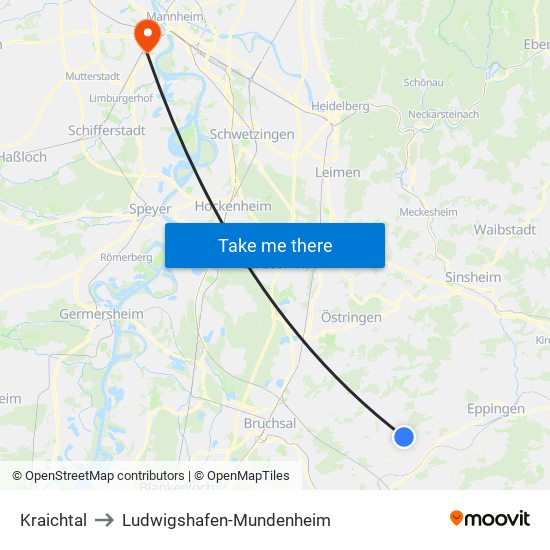 Kraichtal to Ludwigshafen-Mundenheim map