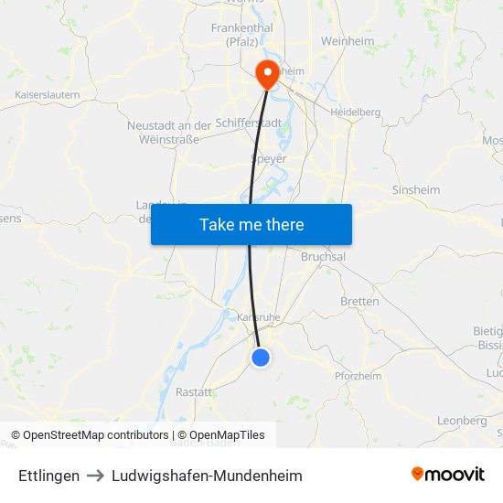 Ettlingen to Ludwigshafen-Mundenheim map