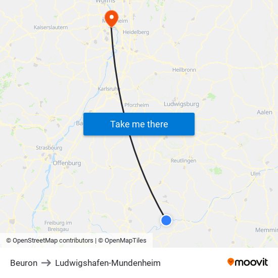 Beuron to Ludwigshafen-Mundenheim map