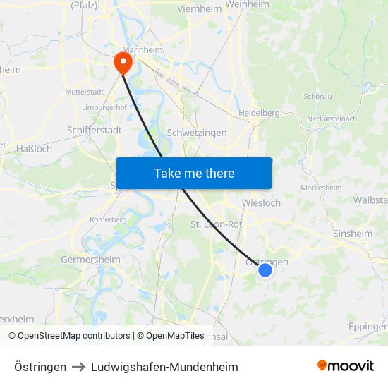 Östringen to Ludwigshafen-Mundenheim map