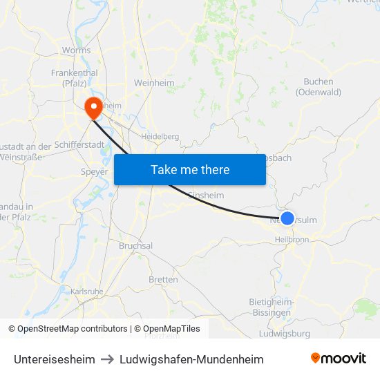 Untereisesheim to Ludwigshafen-Mundenheim map