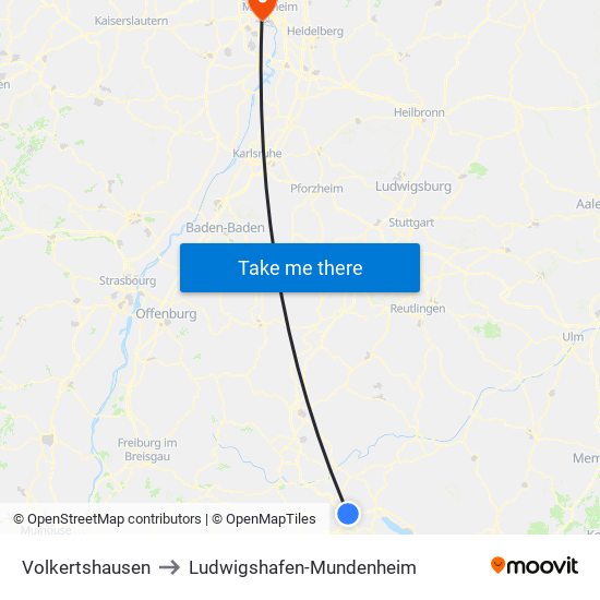 Volkertshausen to Ludwigshafen-Mundenheim map