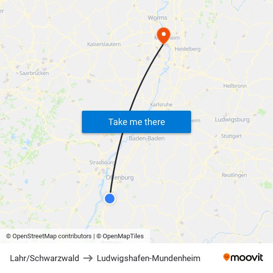 Lahr/Schwarzwald to Ludwigshafen-Mundenheim map