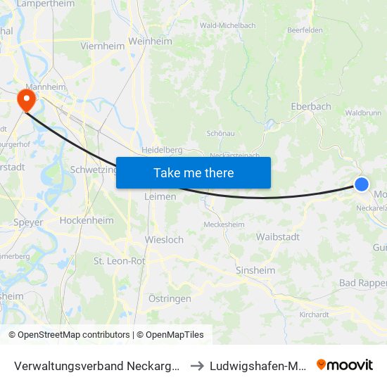 Verwaltungsverband Neckargerach-Waldbrunn to Ludwigshafen-Mundenheim map