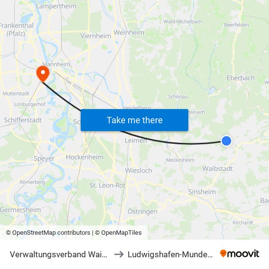 Verwaltungsverband Waibstadt to Ludwigshafen-Mundenheim map