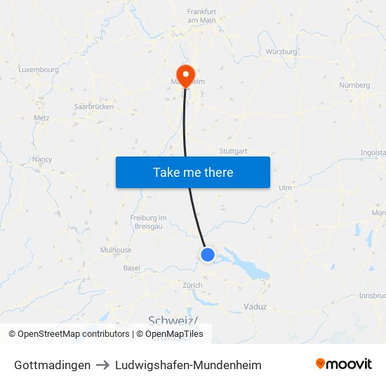 Gottmadingen to Ludwigshafen-Mundenheim map