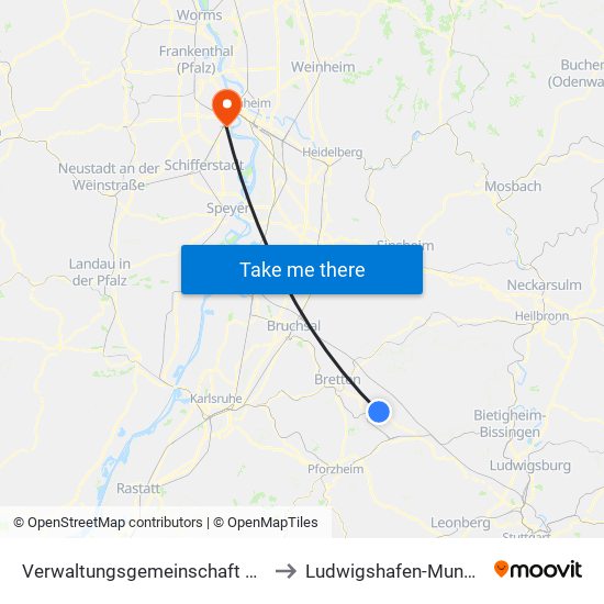 Verwaltungsgemeinschaft Maulbronn to Ludwigshafen-Mundenheim map