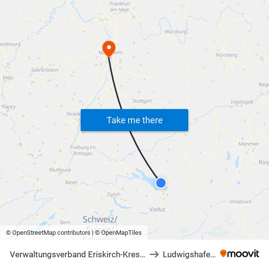 Verwaltungsverband Eriskirch-Kressbronn am Bodensee-Langenargen to Ludwigshafen-Mundenheim map