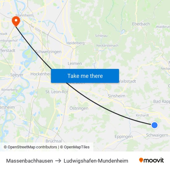 Massenbachhausen to Ludwigshafen-Mundenheim map