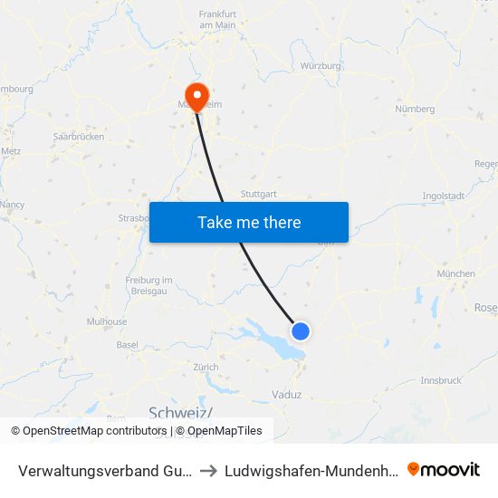 Verwaltungsverband Gullen to Ludwigshafen-Mundenheim map