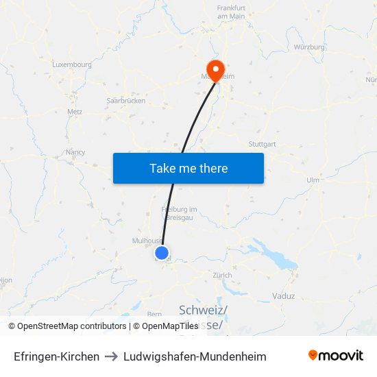 Efringen-Kirchen to Ludwigshafen-Mundenheim map