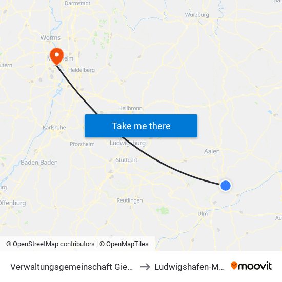 Verwaltungsgemeinschaft Giengen An Der Brenz to Ludwigshafen-Mundenheim map