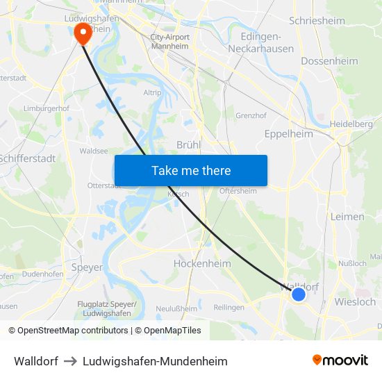 Walldorf to Ludwigshafen-Mundenheim map