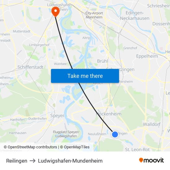 Reilingen to Ludwigshafen-Mundenheim map