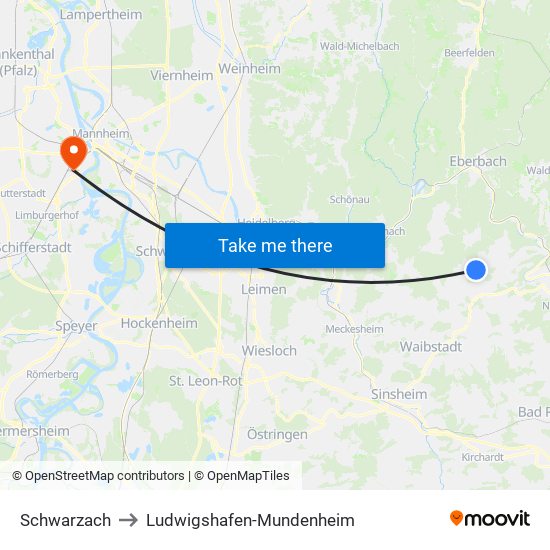 Schwarzach to Ludwigshafen-Mundenheim map