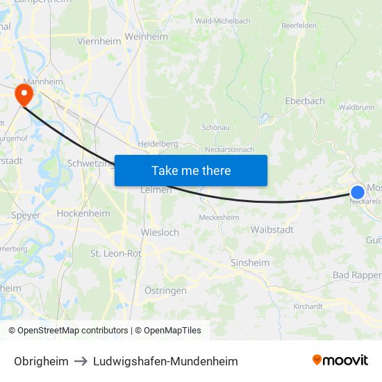 Obrigheim to Ludwigshafen-Mundenheim map