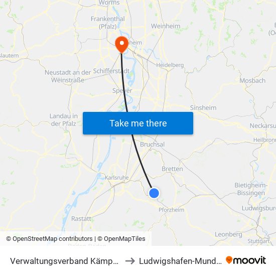 Verwaltungsverband Kämpfelbachtal to Ludwigshafen-Mundenheim map