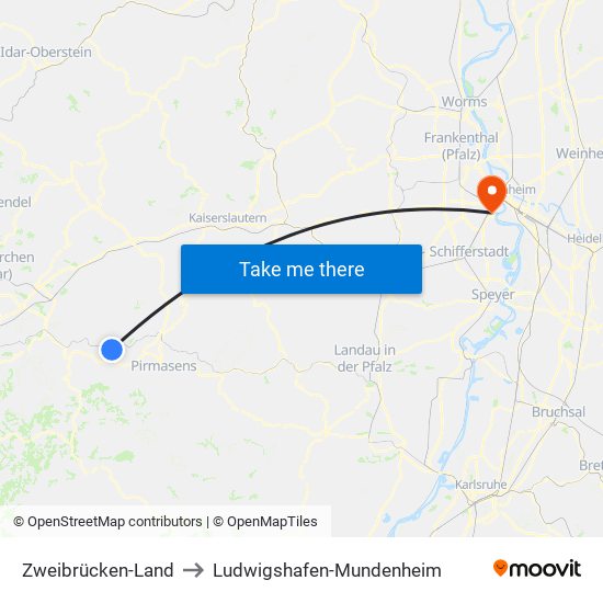 Zweibrücken-Land to Ludwigshafen-Mundenheim map