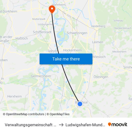 Verwaltungsgemeinschaft Bruchsal to Ludwigshafen-Mundenheim map