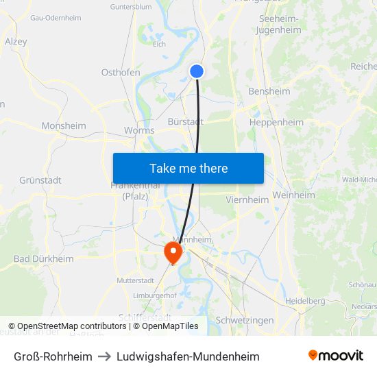 Groß-Rohrheim to Ludwigshafen-Mundenheim map