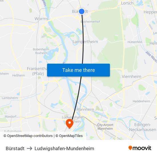 Bürstadt to Ludwigshafen-Mundenheim map