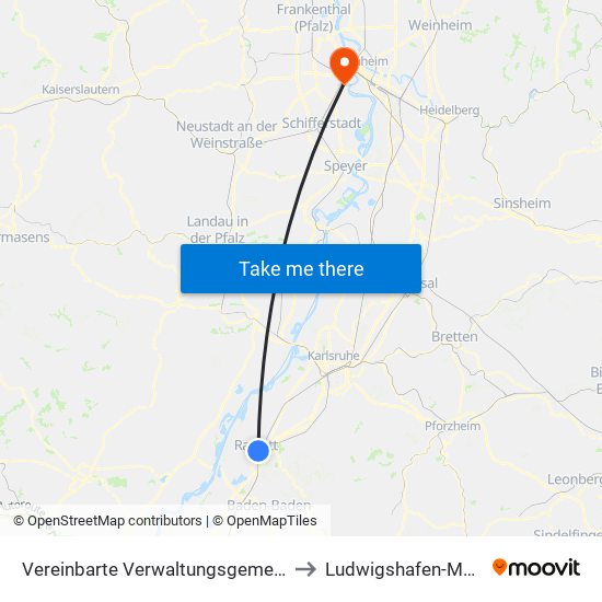 Vereinbarte Verwaltungsgemeinschaft Rastatt to Ludwigshafen-Mundenheim map