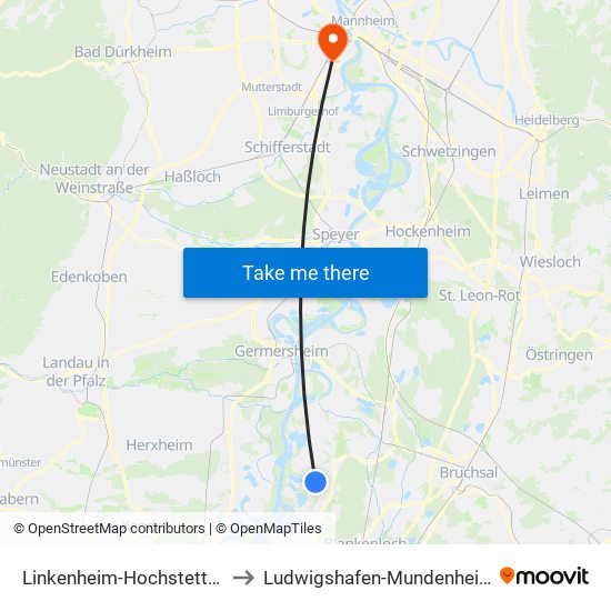 Linkenheim-Hochstetten to Ludwigshafen-Mundenheim map