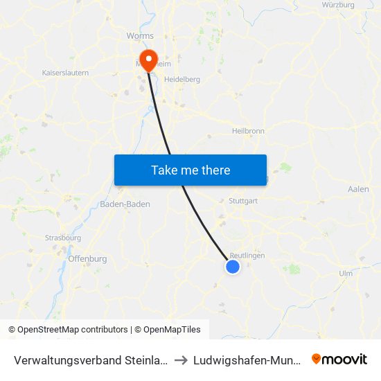 Verwaltungsverband Steinlach-Wiesaz to Ludwigshafen-Mundenheim map