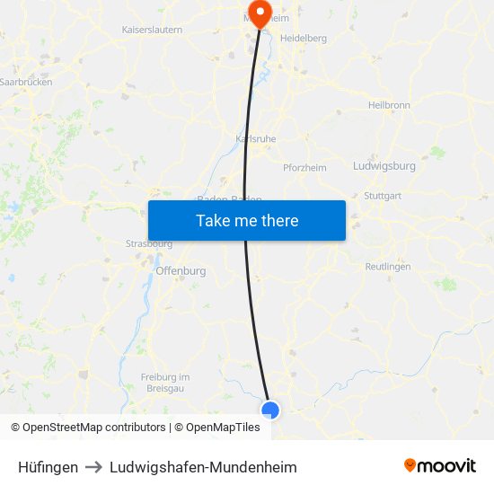 Hüfingen to Ludwigshafen-Mundenheim map