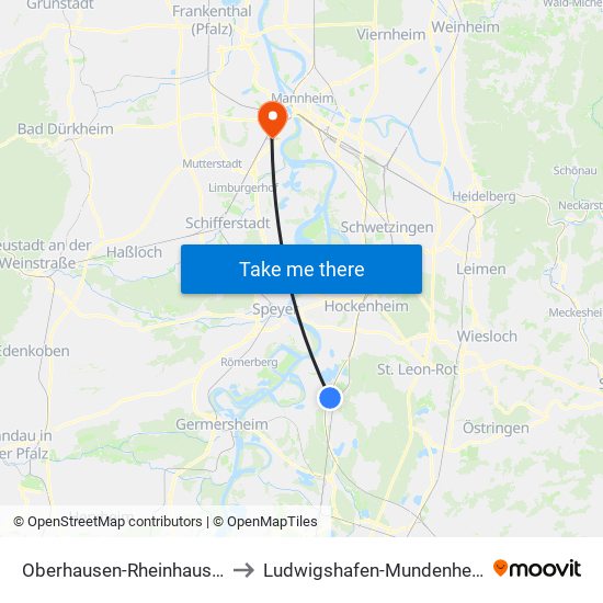 Oberhausen-Rheinhausen to Ludwigshafen-Mundenheim map