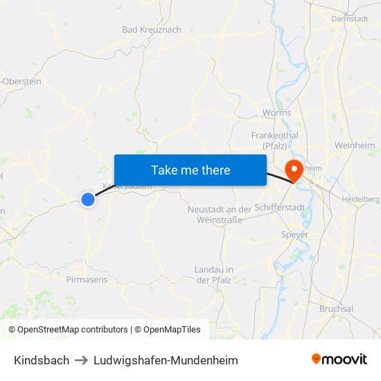 Kindsbach to Ludwigshafen-Mundenheim map
