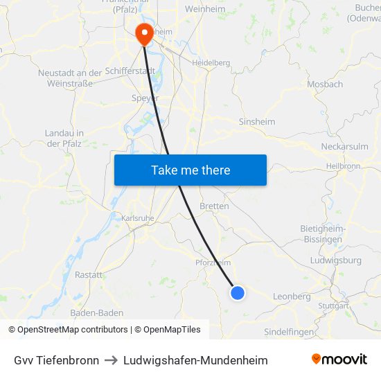 Gvv Tiefenbronn to Ludwigshafen-Mundenheim map