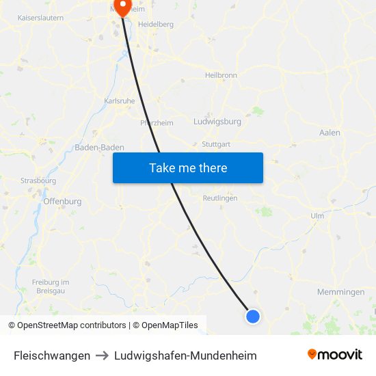 Fleischwangen to Ludwigshafen-Mundenheim map