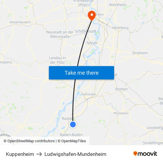 Kuppenheim to Ludwigshafen-Mundenheim map