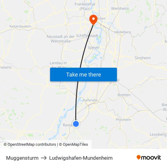 Muggensturm to Ludwigshafen-Mundenheim map