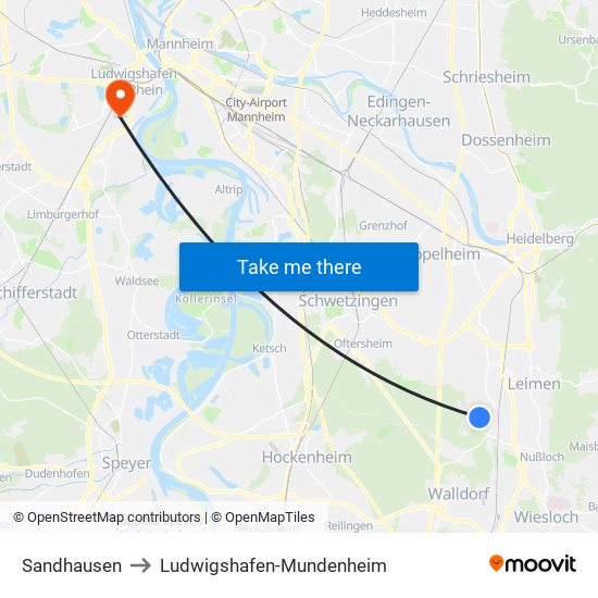 Sandhausen to Ludwigshafen-Mundenheim map