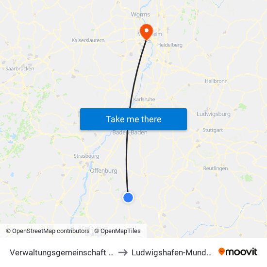 Verwaltungsgemeinschaft Wolfach to Ludwigshafen-Mundenheim map