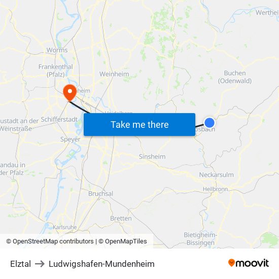 Elztal to Ludwigshafen-Mundenheim map